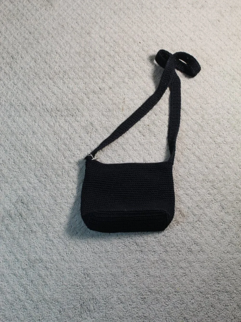 The Sak Black Handbag Shoulder Bag Purse Crocheted Nylon Strap Medium Size